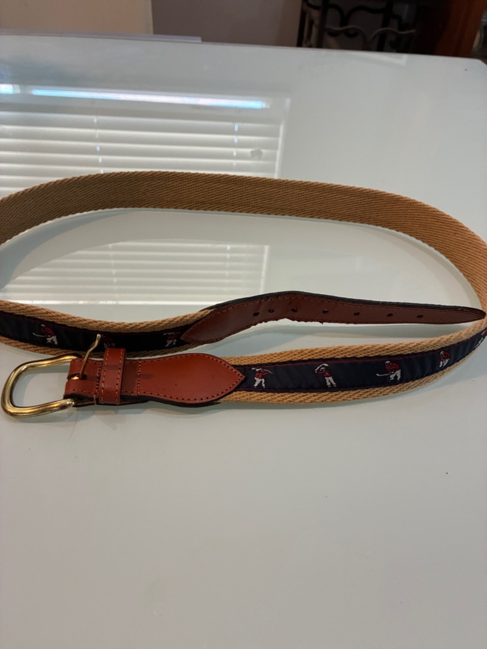 Men's Brown Leather-Trim Canvas Belt with Navy Accent Golf golfing stances